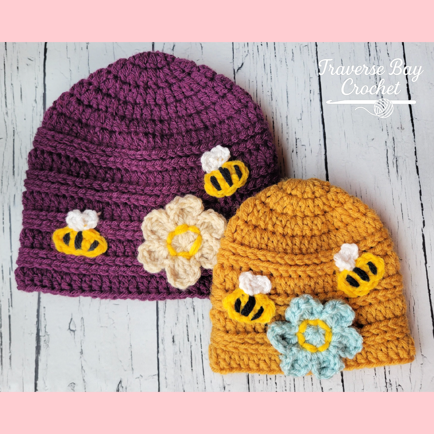 Crochet Bumble Bee Flower Beanie Hat Pattern 5 Sizes