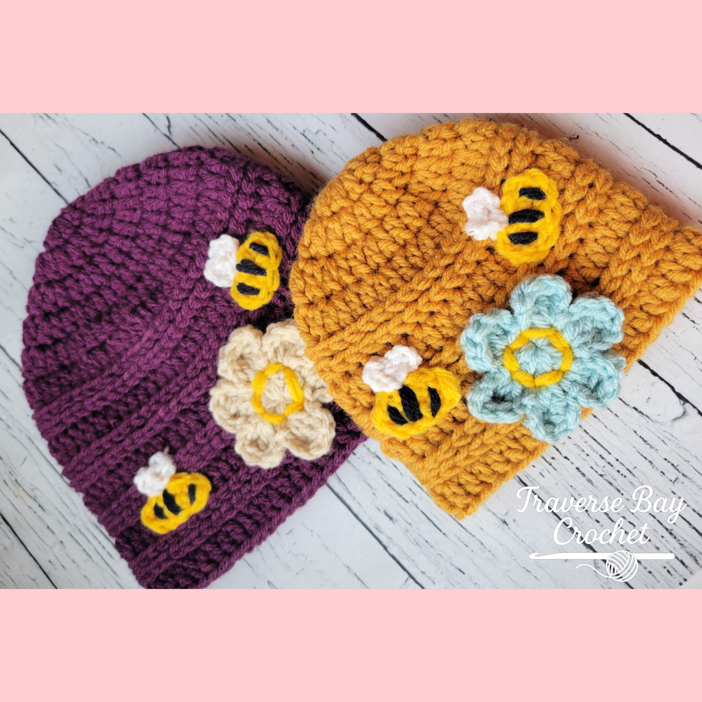 Crochet Bumble Bee Flower Beanie Hat Pattern 5 Sizes