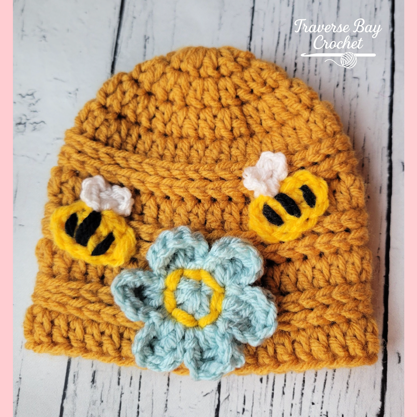 Crochet Bumble Bee Flower Beanie Hat Pattern 5 Sizes