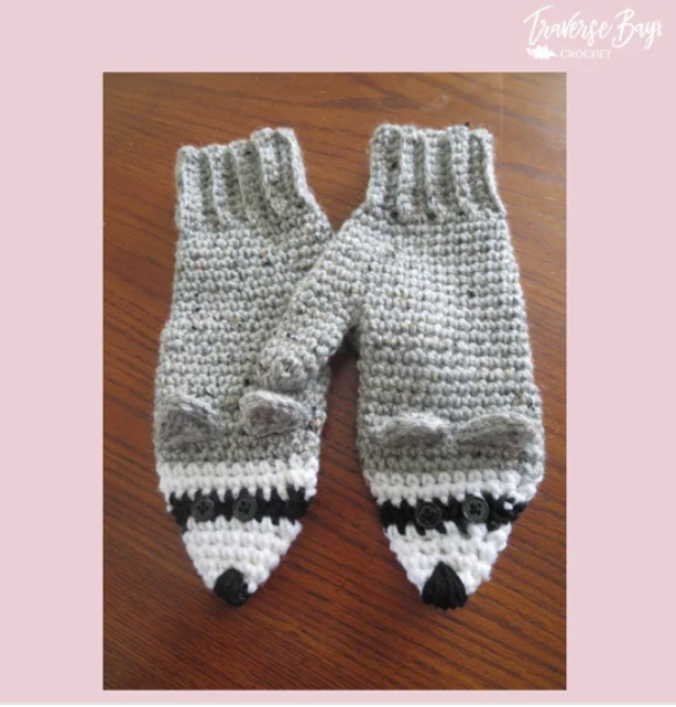 Crochet Adult Raccoon Mitten Pattern