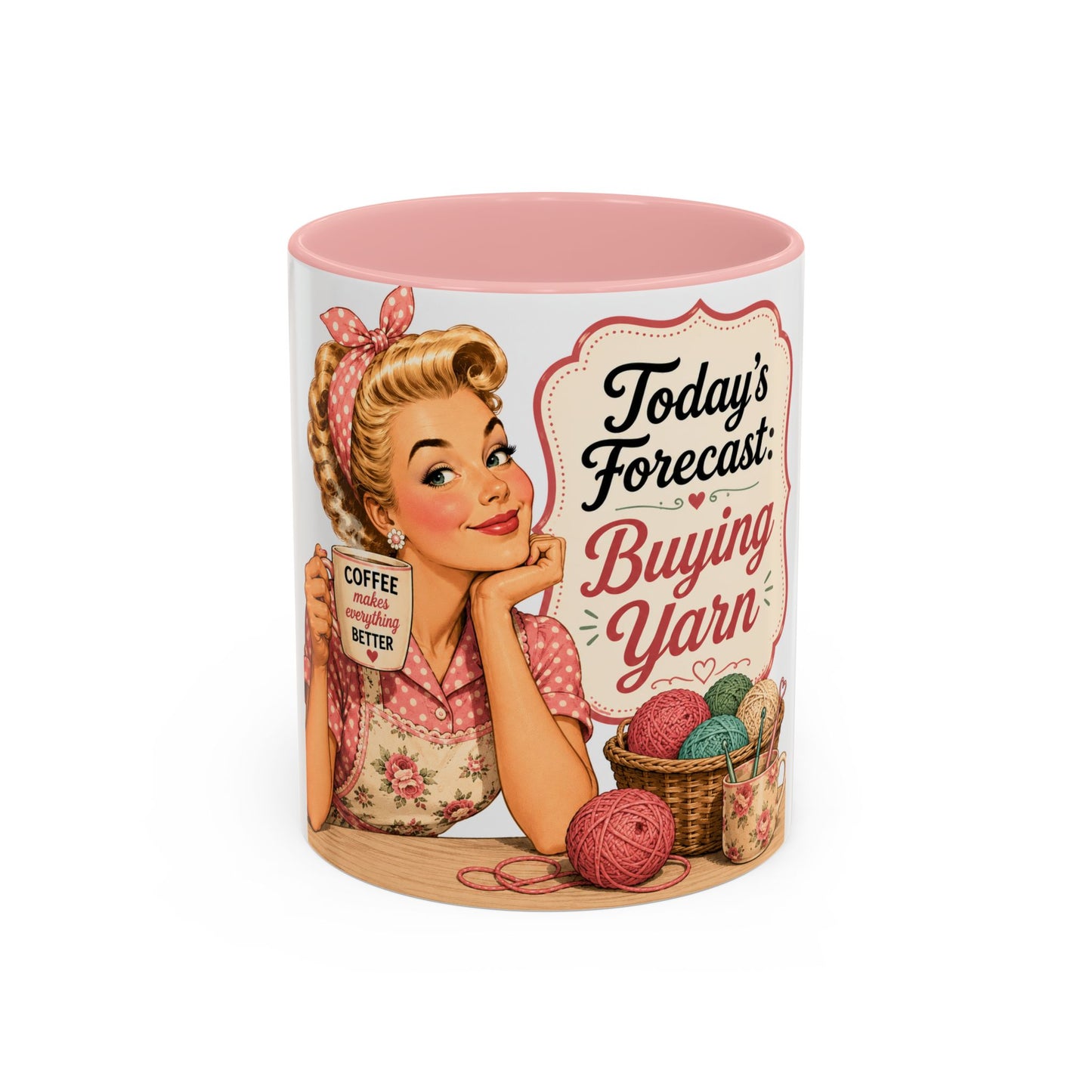 Knitting Coffee Mug - "Today's Forecast: Buying Yarn" Retro Accent Mug (11/15oz)