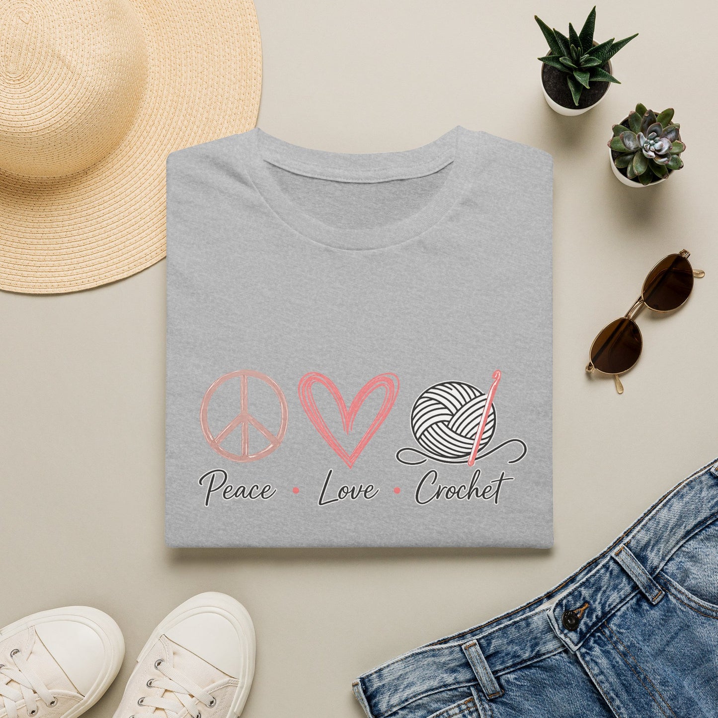 Peace Love Crochet T‑Shirt — Cute Knitting/Yarn Shirt for Crocheters