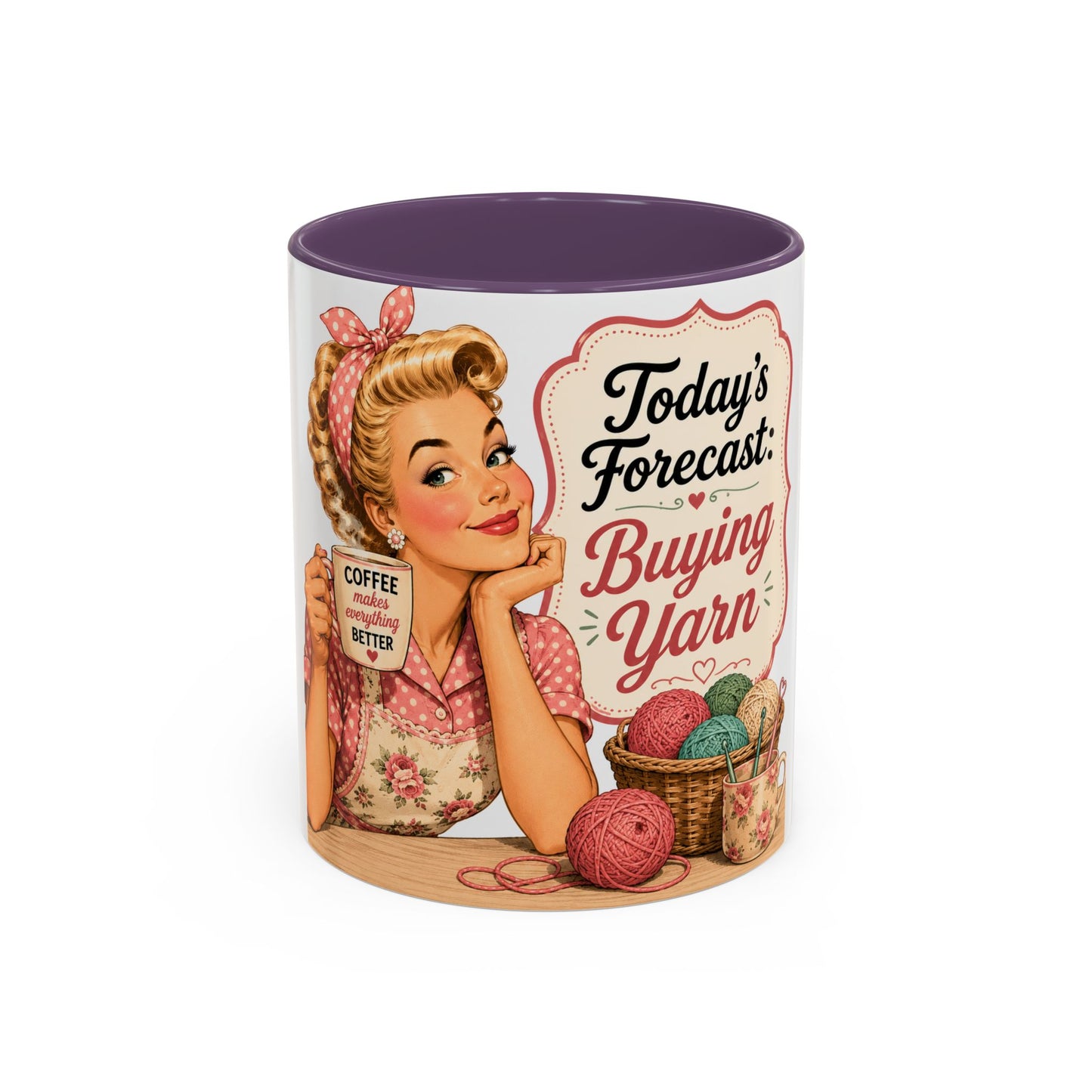 Knitting Coffee Mug - "Today's Forecast: Buying Yarn" Retro Accent Mug (11/15oz)