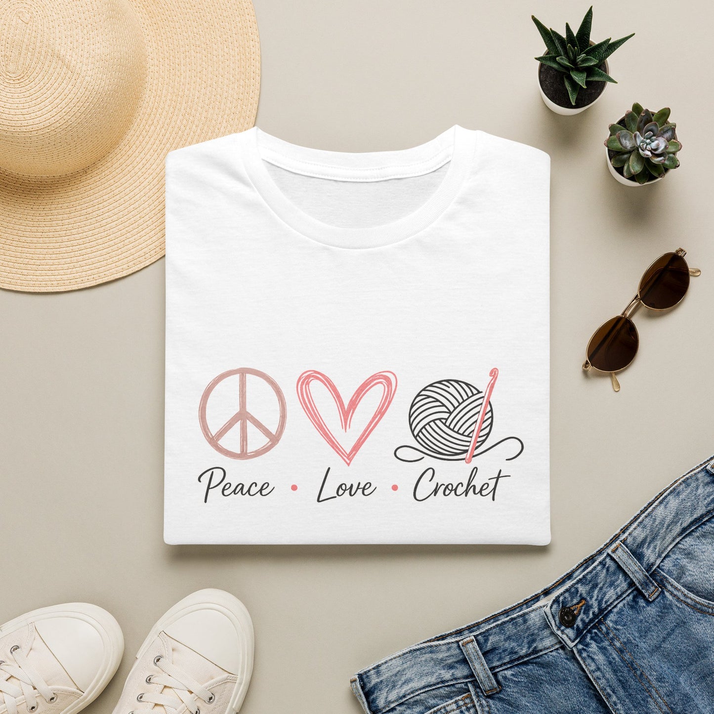 Peace Love Crochet T‑Shirt — Cute Knitting/Yarn Shirt for Crocheters