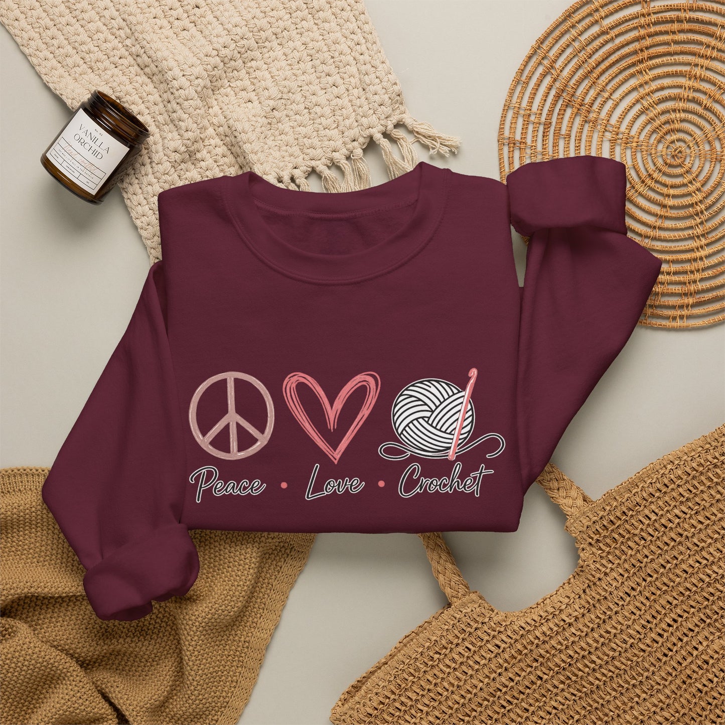Crewneck Sweatshirt — Peace • Love • Crochet Graphic