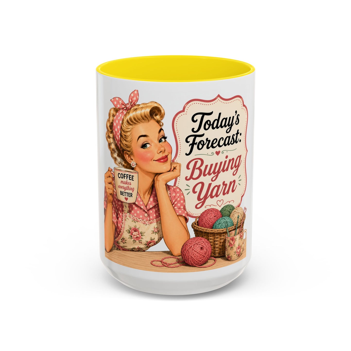 Knitting Coffee Mug - "Today's Forecast: Buying Yarn" Retro Accent Mug (11/15oz)