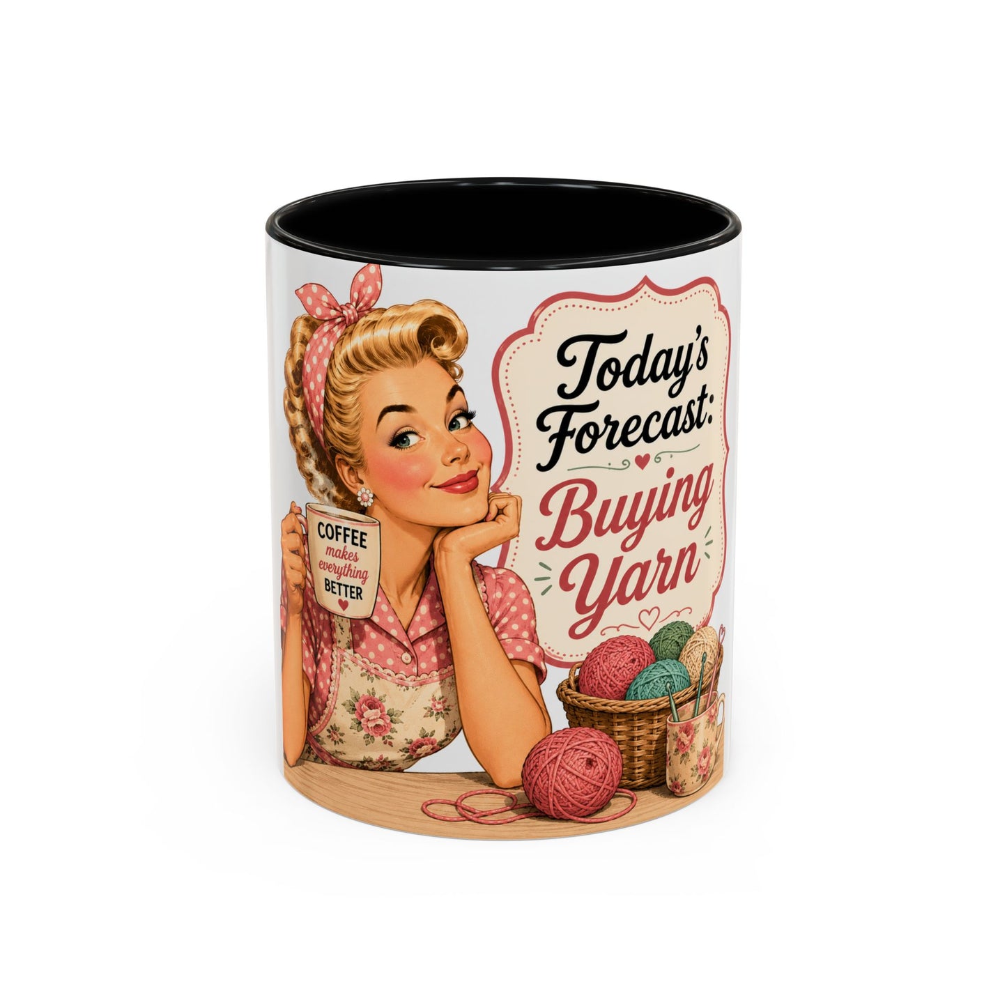 Knitting Coffee Mug - "Today's Forecast: Buying Yarn" Retro Accent Mug (11/15oz)