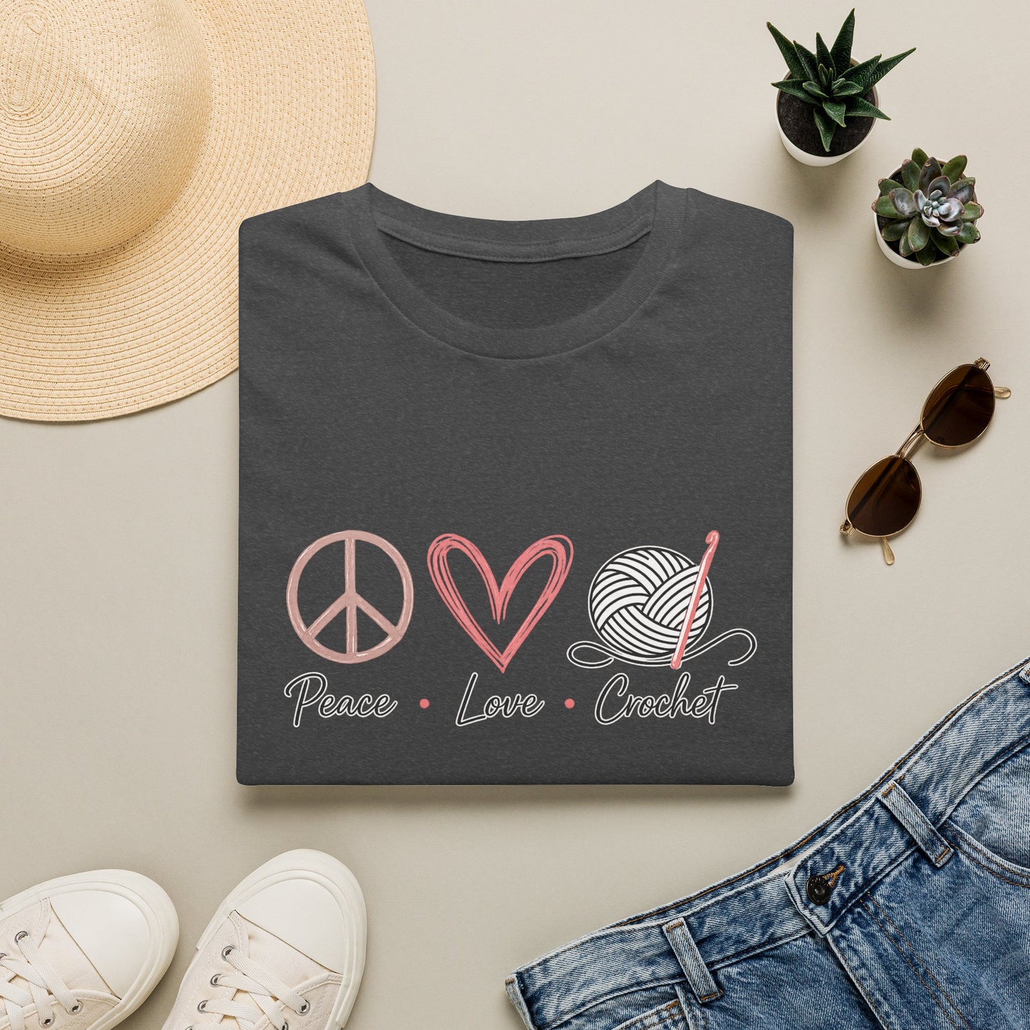 Peace Love Crochet T‑Shirt — Cute Knitting/Yarn Shirt for Crocheters