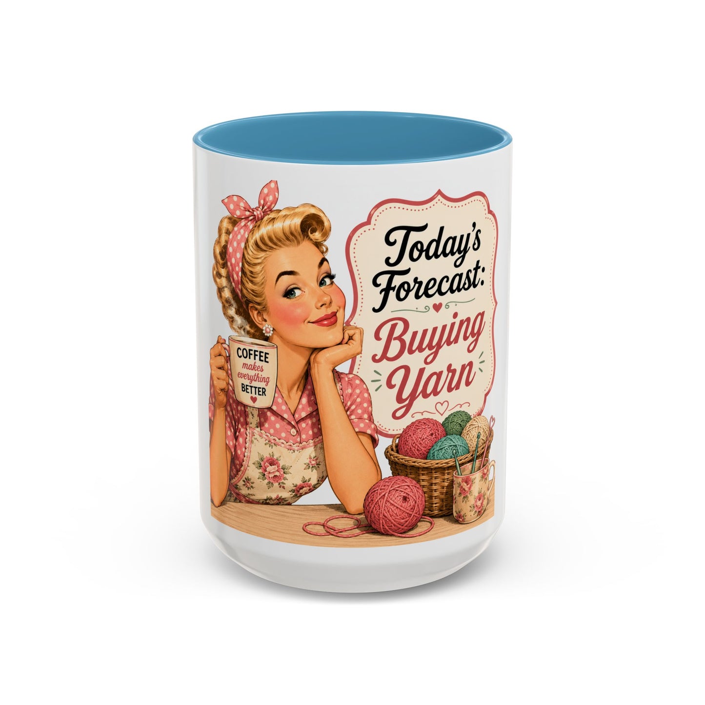 Knitting Coffee Mug - "Today's Forecast: Buying Yarn" Retro Accent Mug (11/15oz)