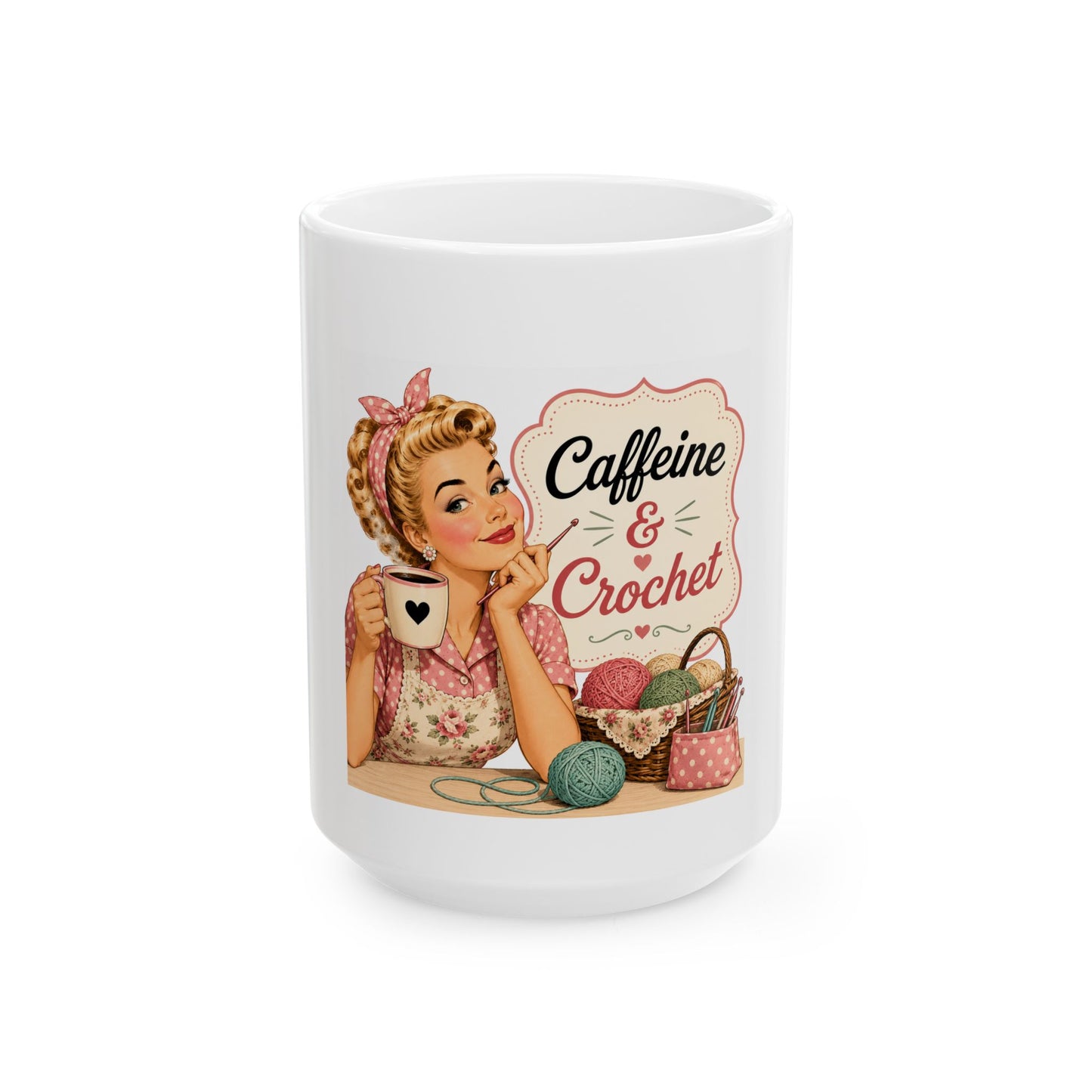 Caffeine & Crochet Ceramic Mug — Retro Vintage Coffee Lover Gift