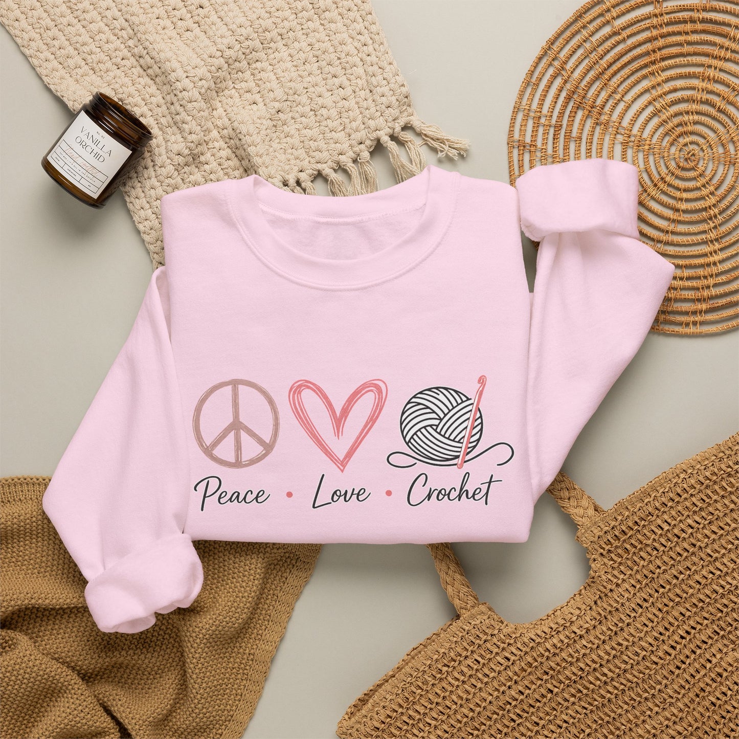 Crewneck Sweatshirt — Peace • Love • Crochet Graphic