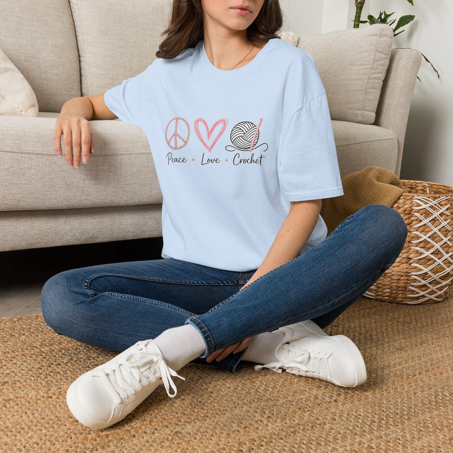 Peace Love Crochet T‑Shirt — Cute Knitting/Yarn Shirt for Crocheters