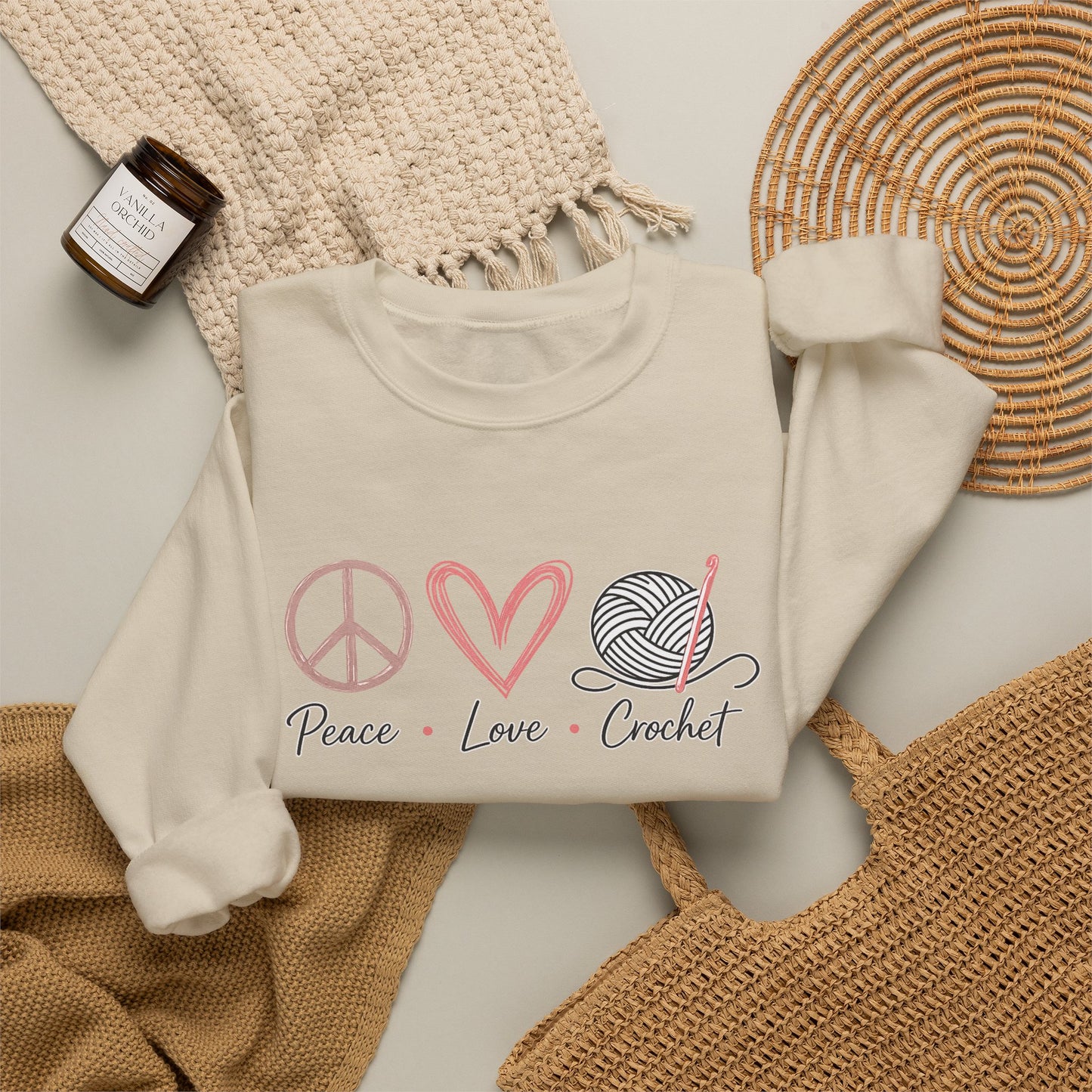 Crewneck Sweatshirt — Peace • Love • Crochet Graphic