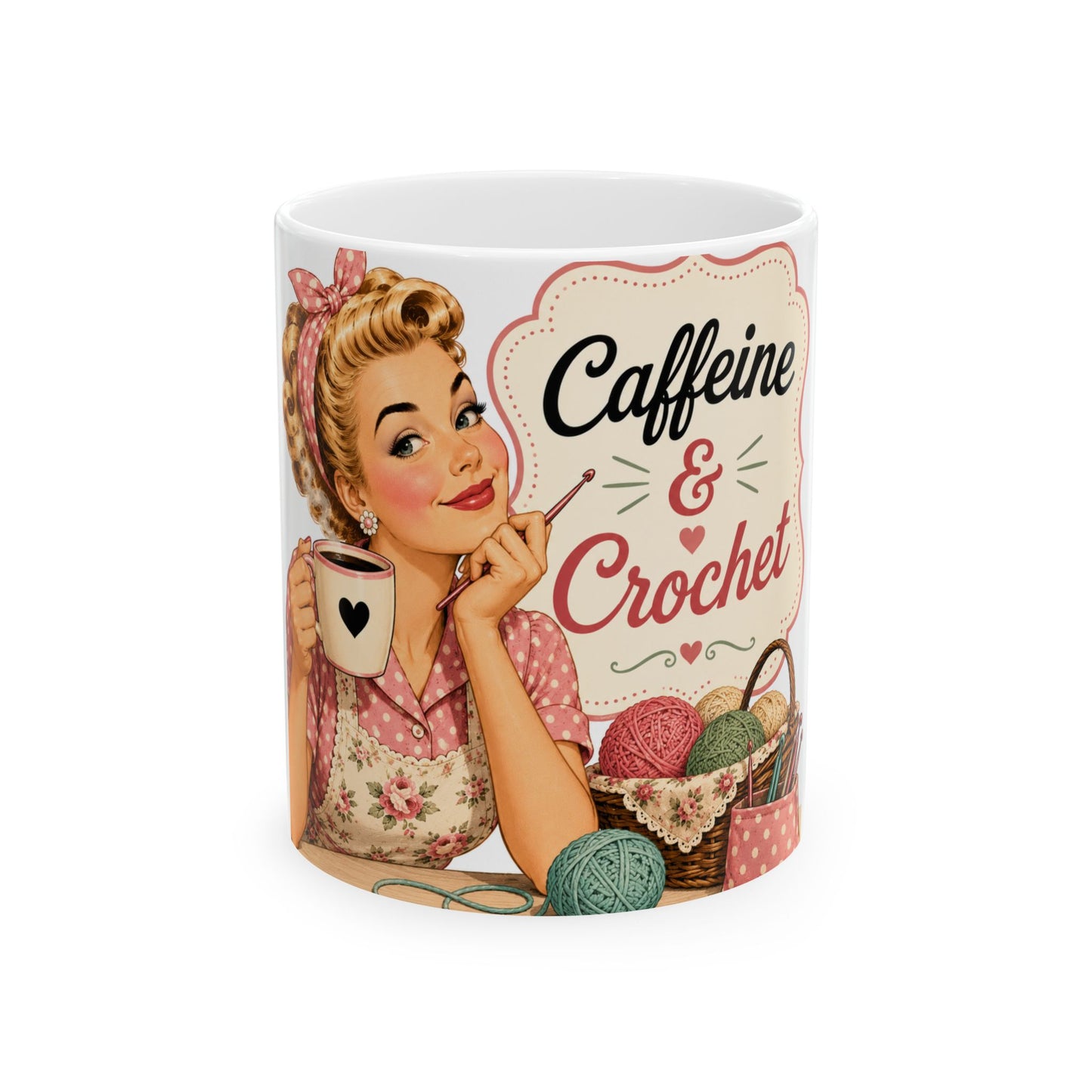 Caffeine & Crochet Ceramic Mug — Retro Vintage Sewing Lover Coffee Cup (11oz/15oz)