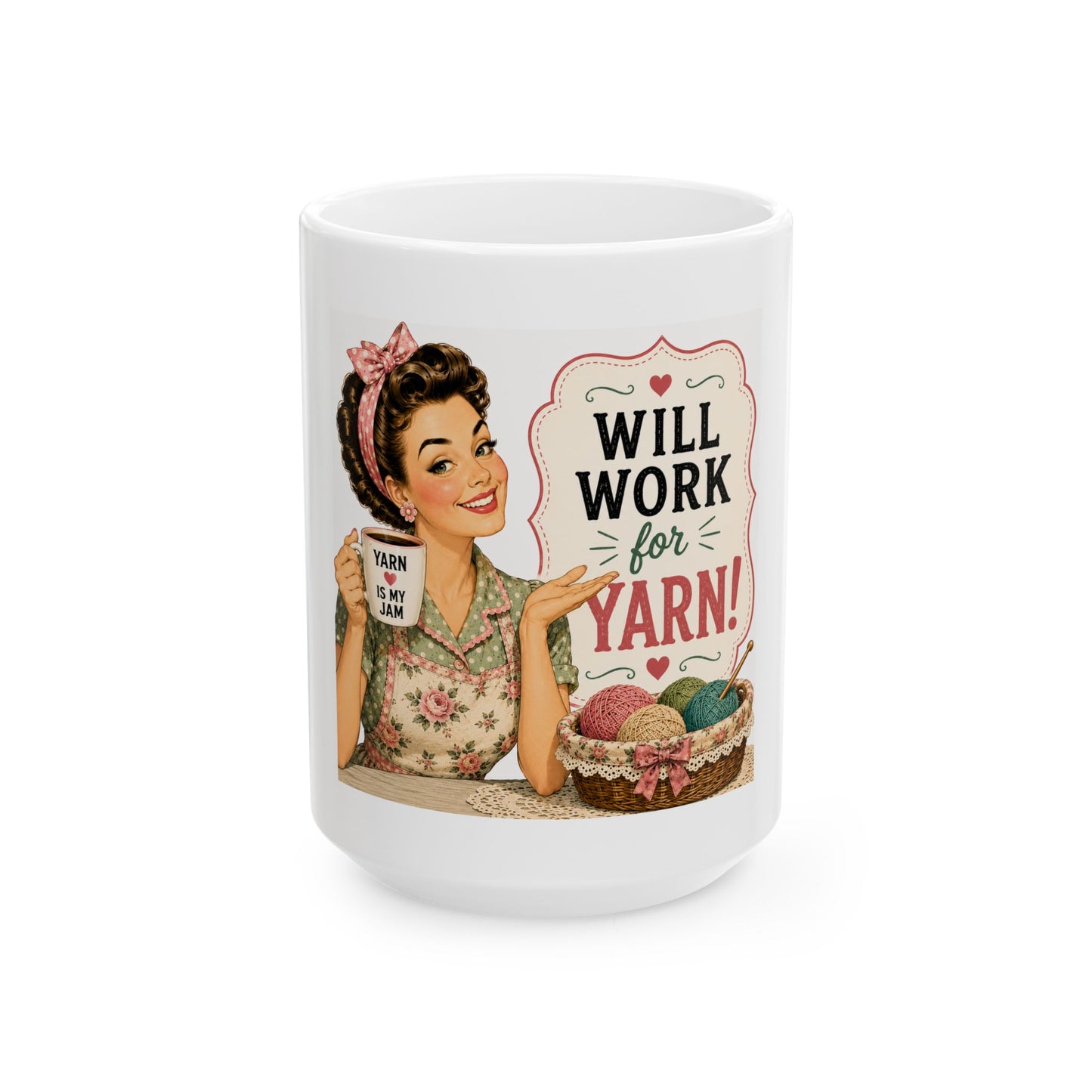 Will Work for Yarn Mug — Retro Knitting Coffee Cup (11oz, 15oz)