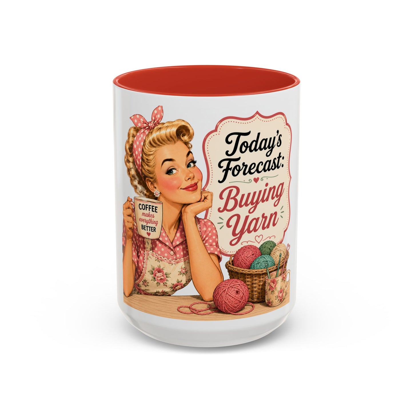 Knitting Coffee Mug - "Today's Forecast: Buying Yarn" Retro Accent Mug (11/15oz)