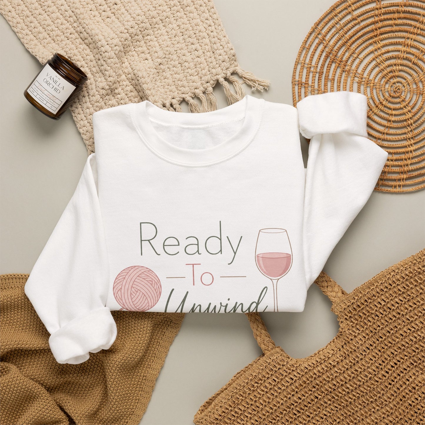 Crewneck Sweatshirt - "Ready to Unwind" Knit & Wine Cozy Pullover