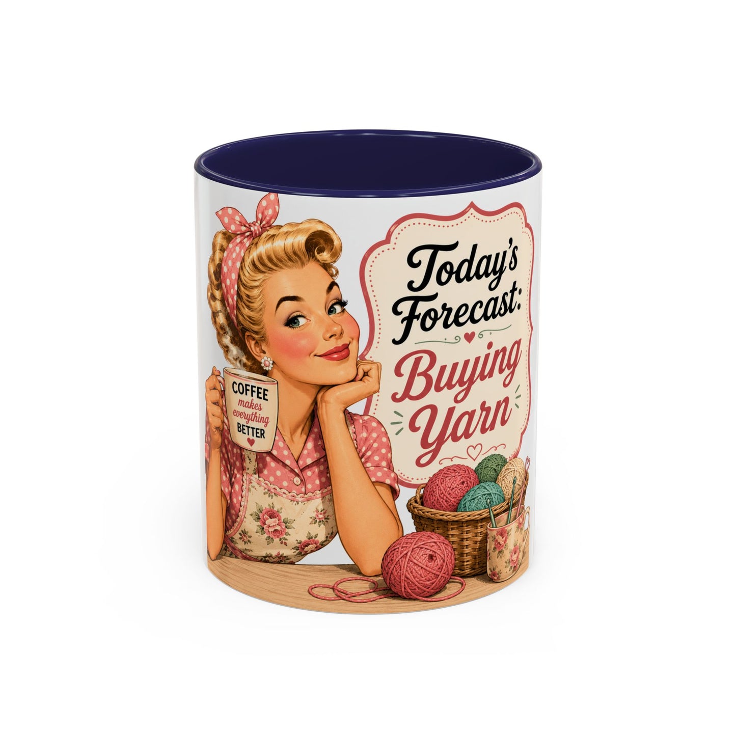Knitting Coffee Mug - "Today's Forecast: Buying Yarn" Retro Accent Mug (11/15oz)