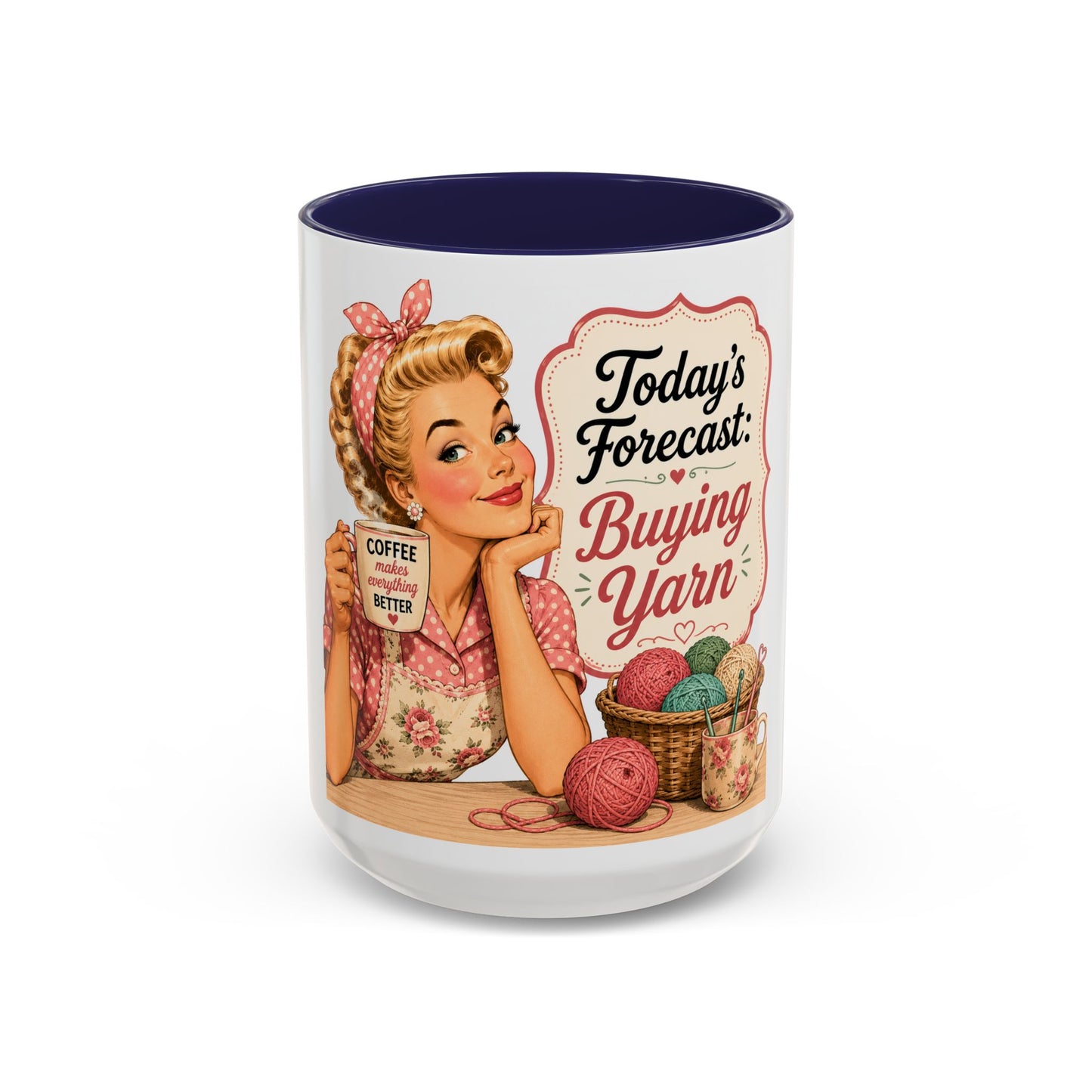 Knitting Coffee Mug - "Today's Forecast: Buying Yarn" Retro Accent Mug (11/15oz)