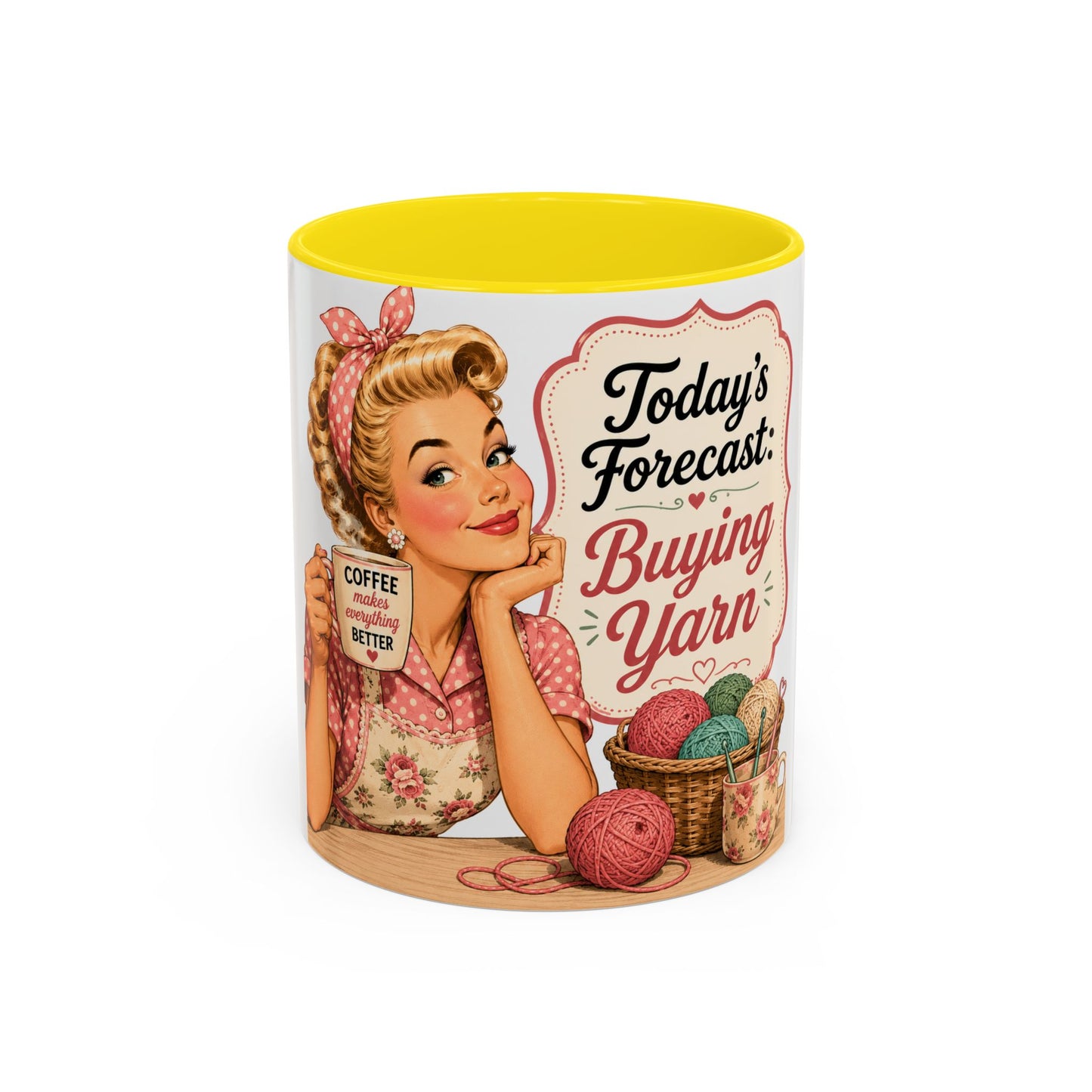 Knitting Coffee Mug - "Today's Forecast: Buying Yarn" Retro Accent Mug (11/15oz)