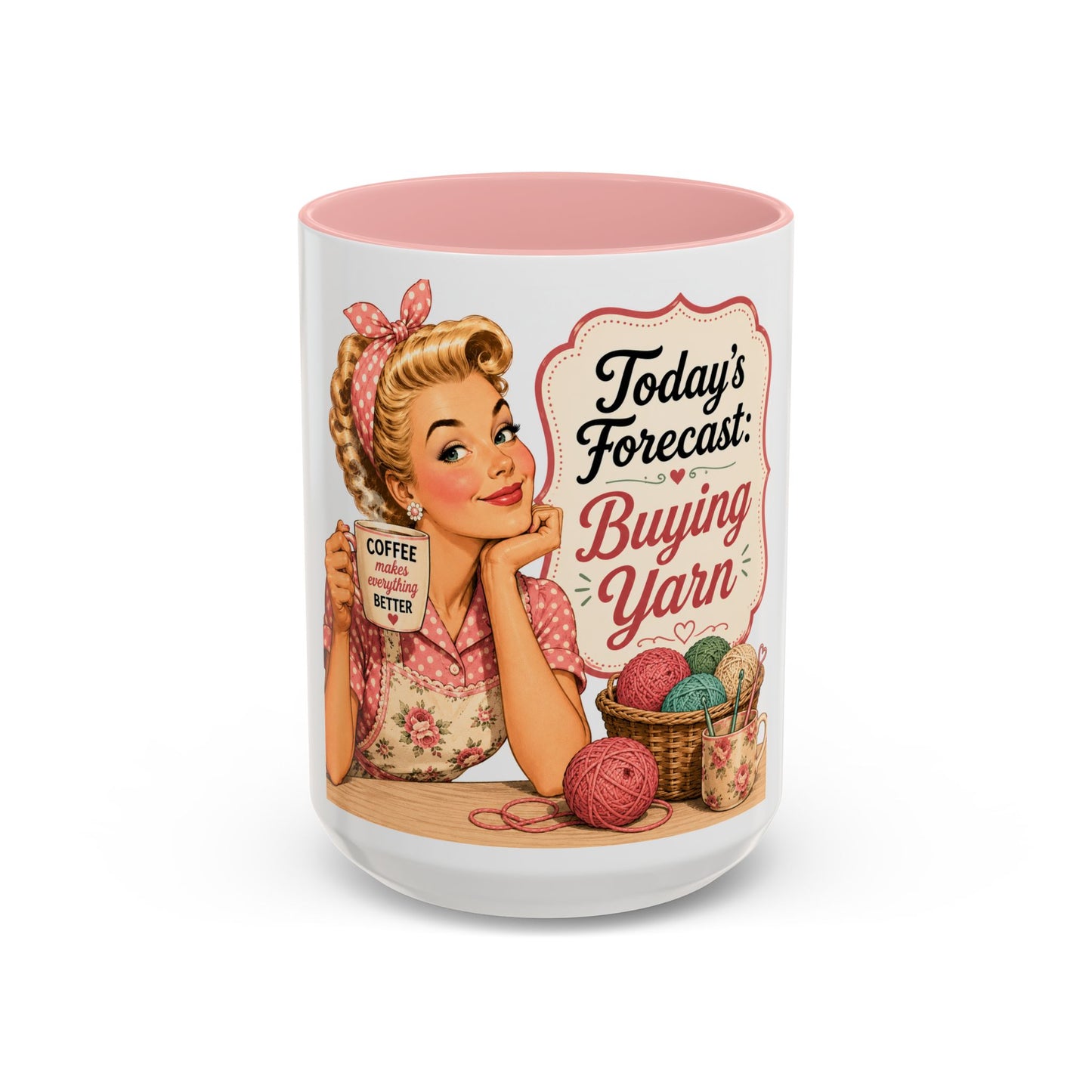 Knitting Coffee Mug - "Today's Forecast: Buying Yarn" Retro Accent Mug (11/15oz)