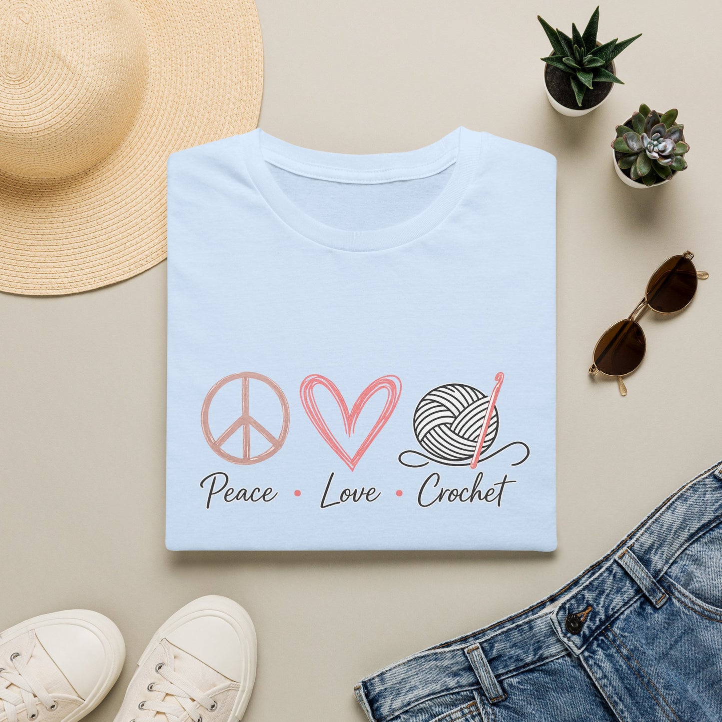 Peace Love Crochet T‑Shirt — Cute Knitting/Yarn Shirt for Crocheters