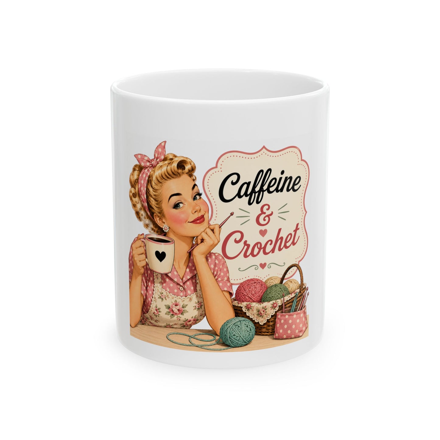 Caffeine & Crochet Ceramic Mug — Retro Vintage Coffee Lover Gift
