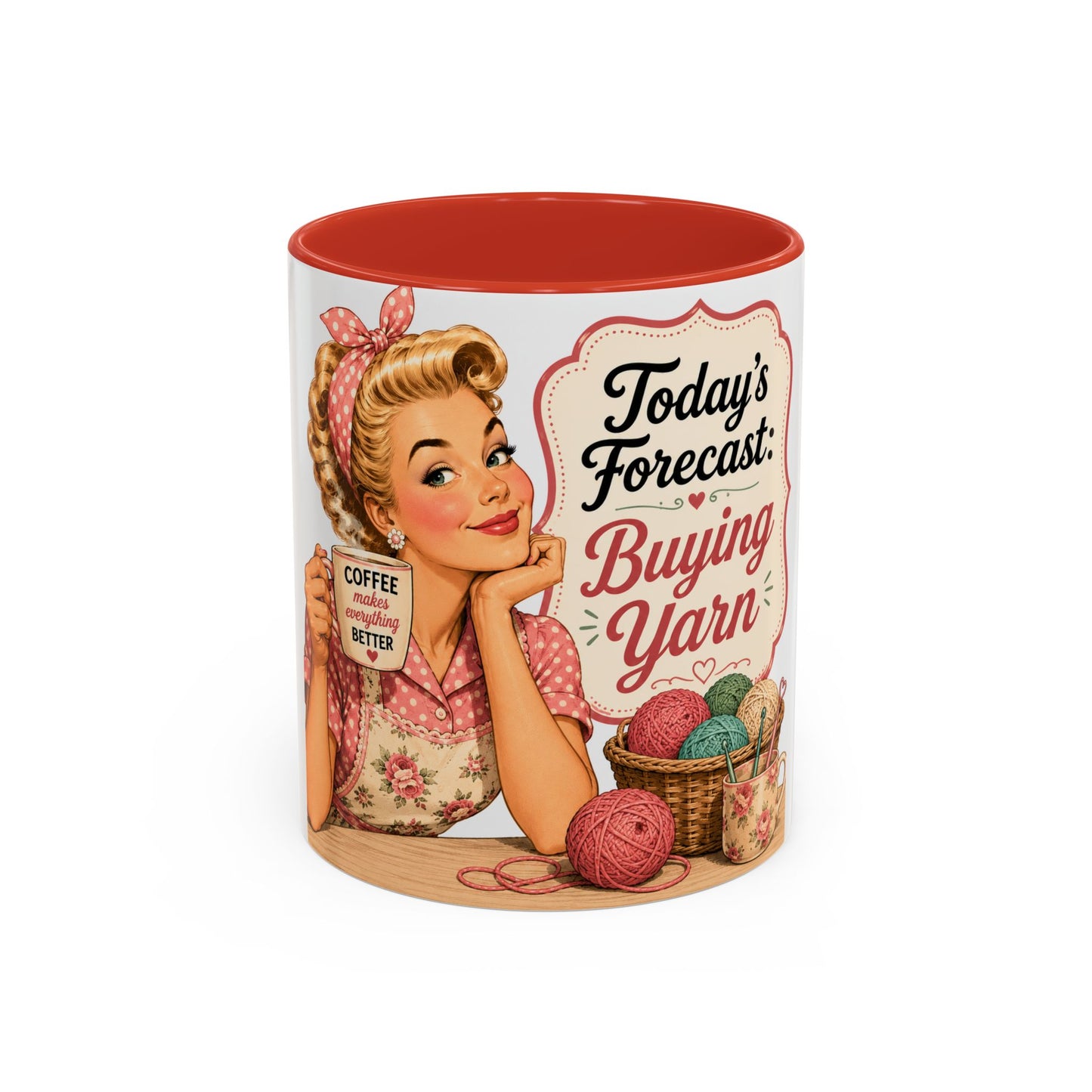Knitting Coffee Mug - "Today's Forecast: Buying Yarn" Retro Accent Mug (11/15oz)