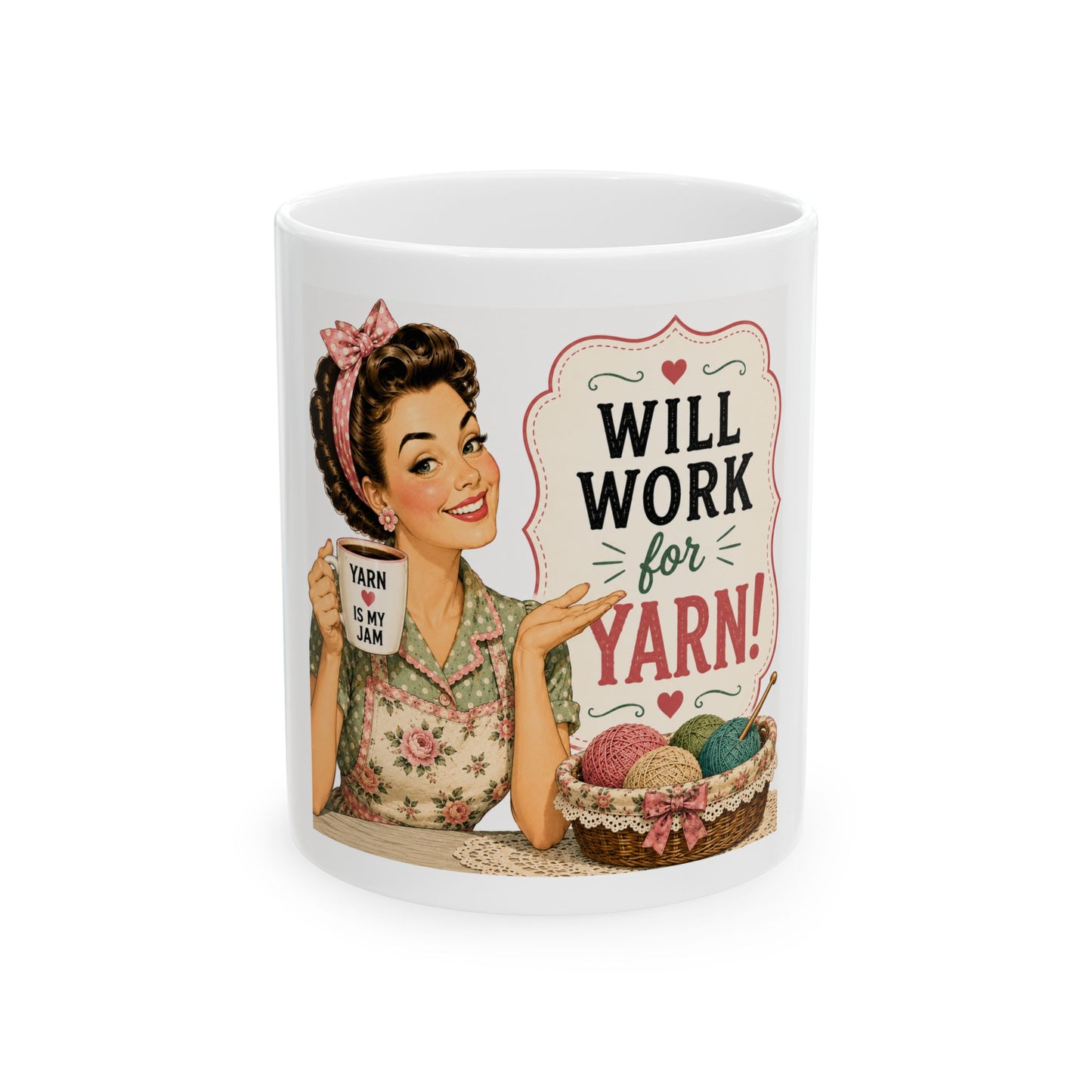 Will Work for Yarn Mug — Retro Knitting Coffee Cup (11oz, 15oz)