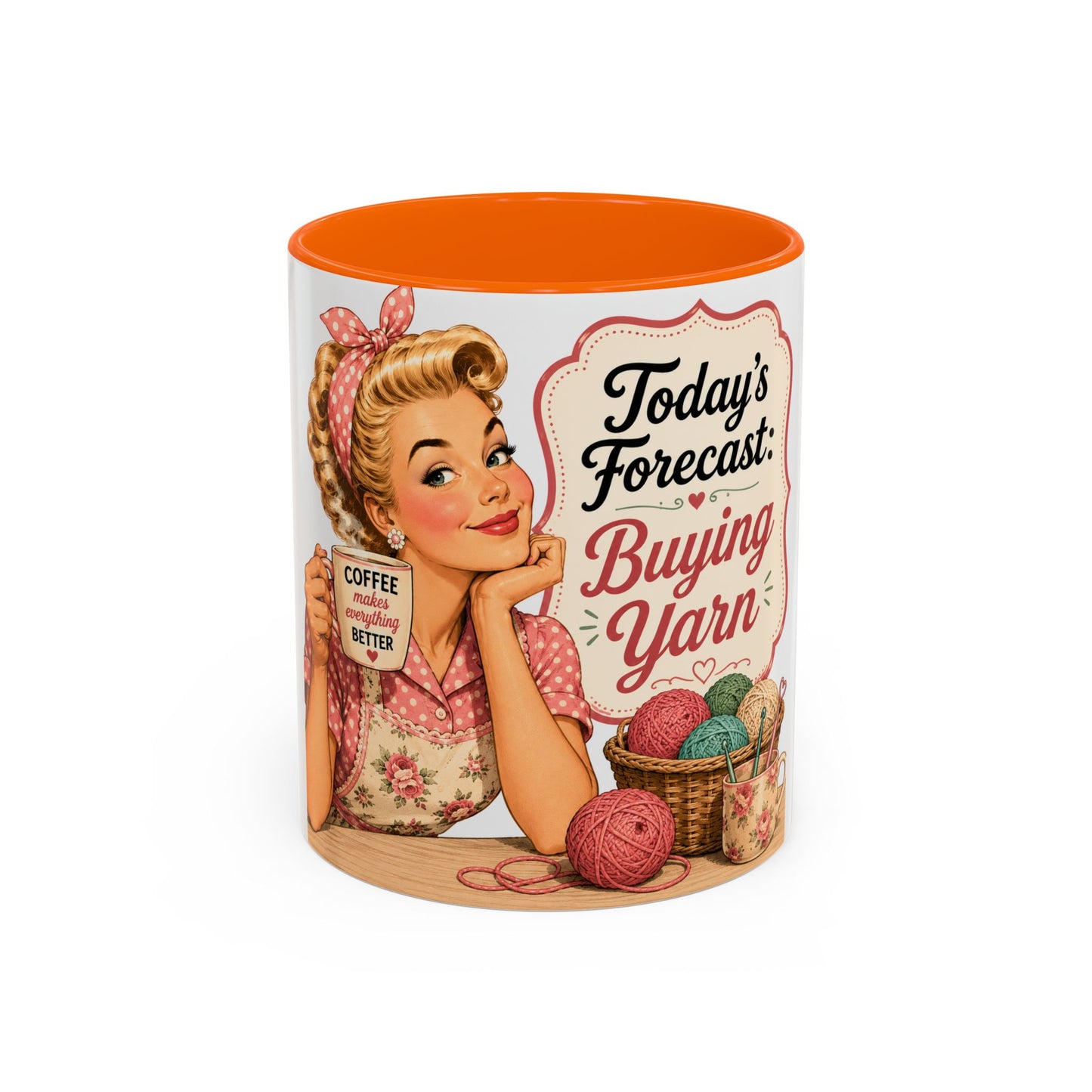 Knitting Coffee Mug - "Today's Forecast: Buying Yarn" Retro Accent Mug (11/15oz)