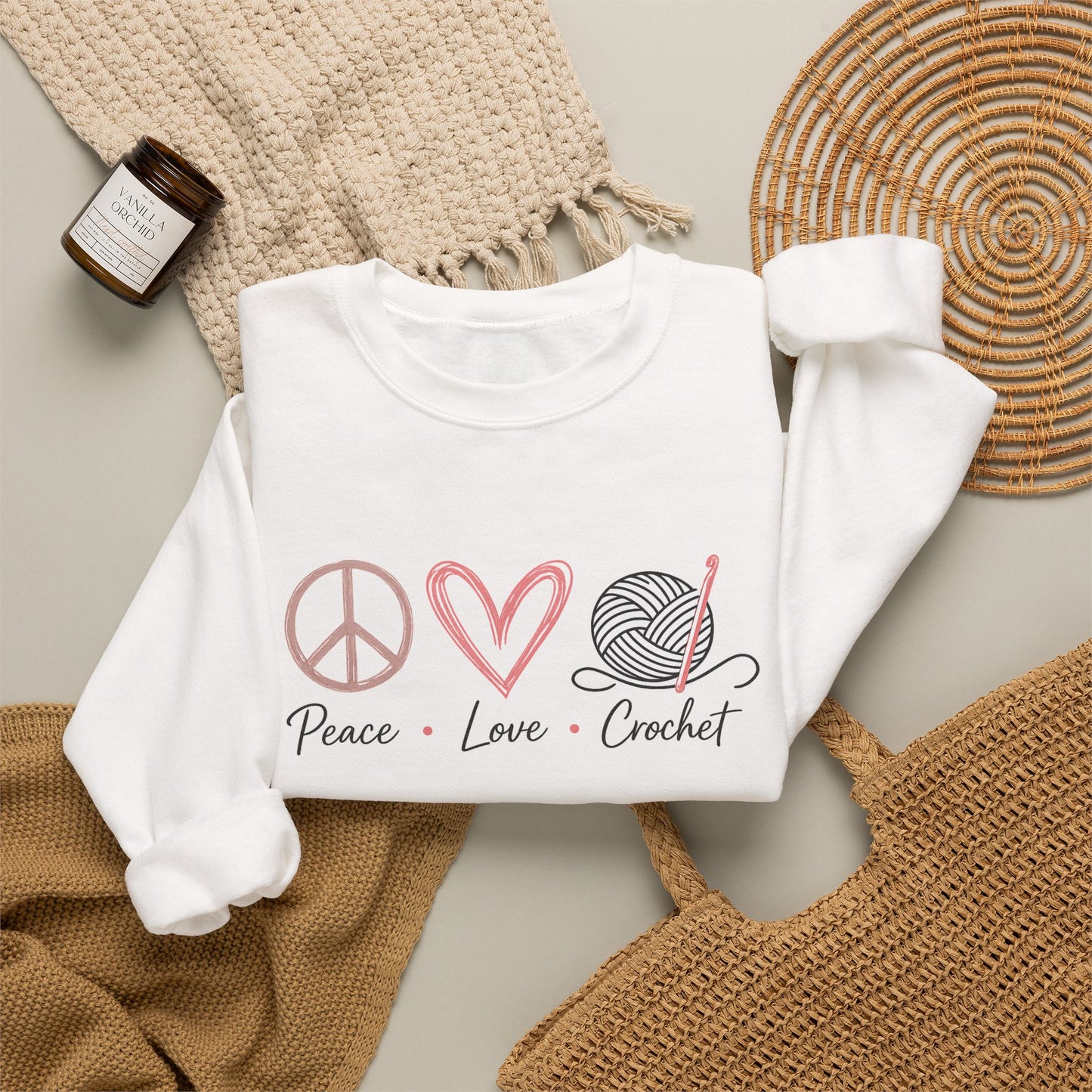 Crewneck Sweatshirt — Peace • Love • Crochet Graphic