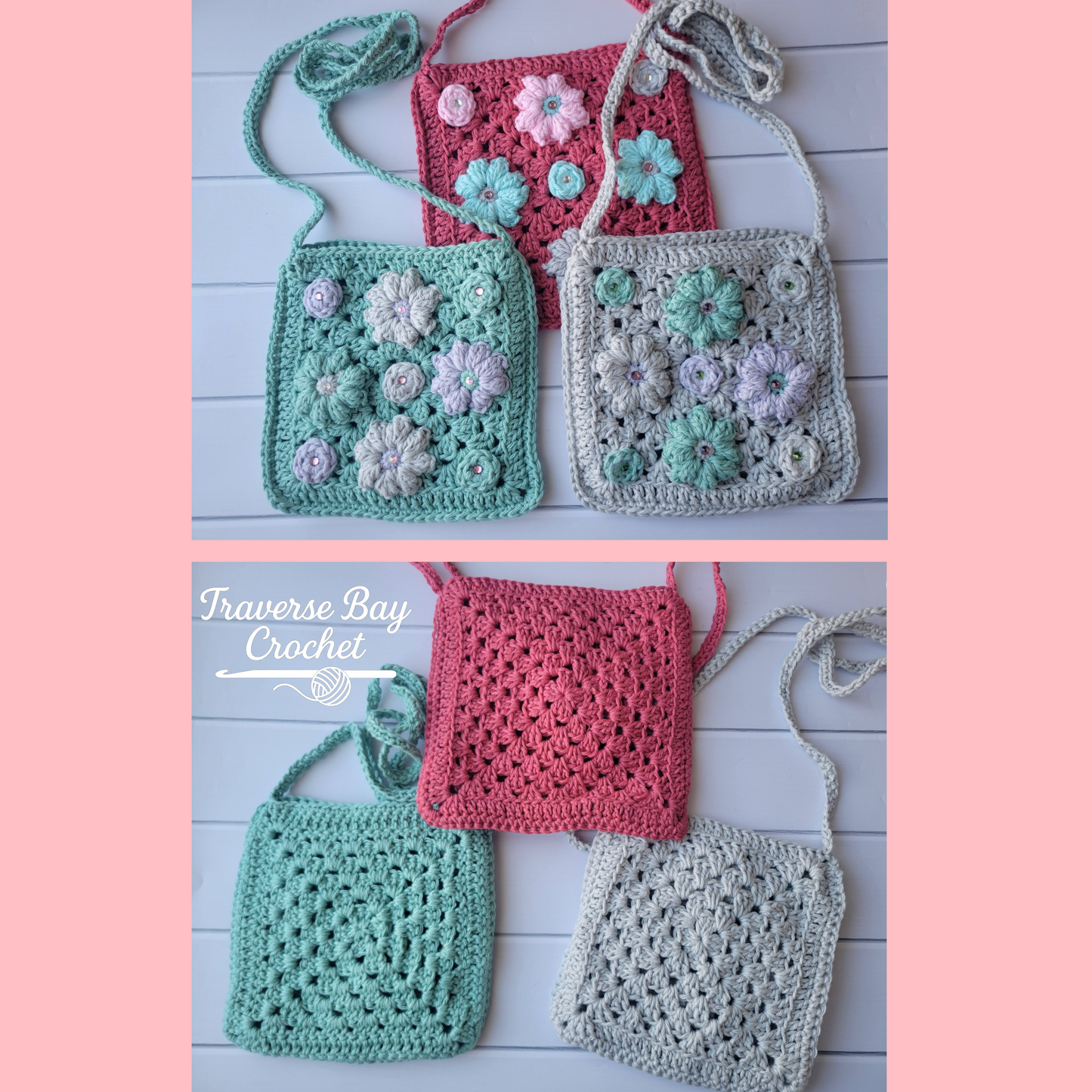 Crochet Elegant Flower Crossbody Bag Pattern Child Adult Sizes
