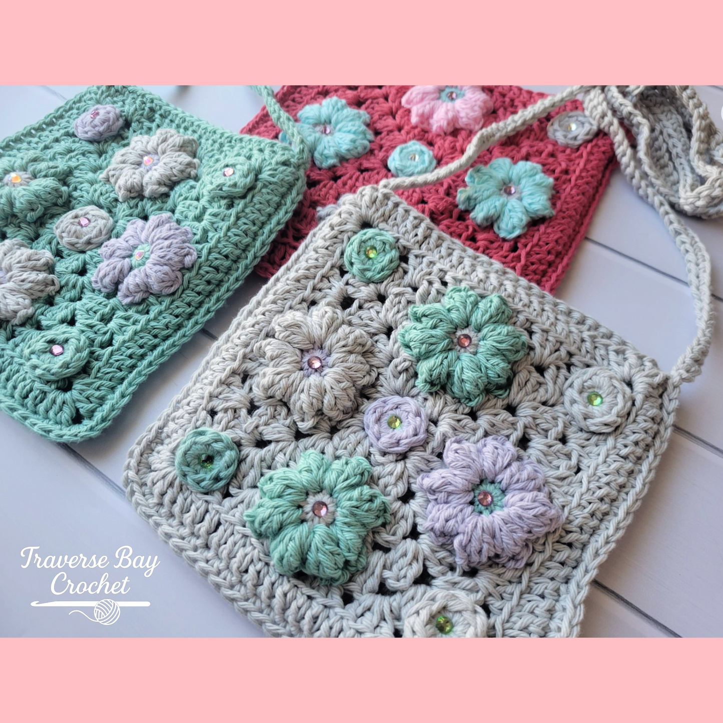 Crochet Elegant Flower Crossbody Bag Pattern Child Adult Sizes