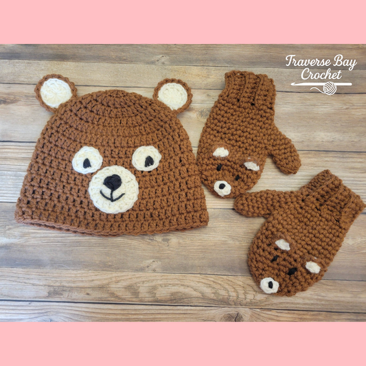 Crochet Bear Hat And Mitten Set Pattern Baby-Adult Sizes