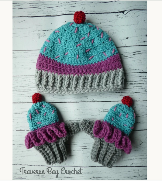 Crochet Toddler Cupcake Hat Mitten Pattern